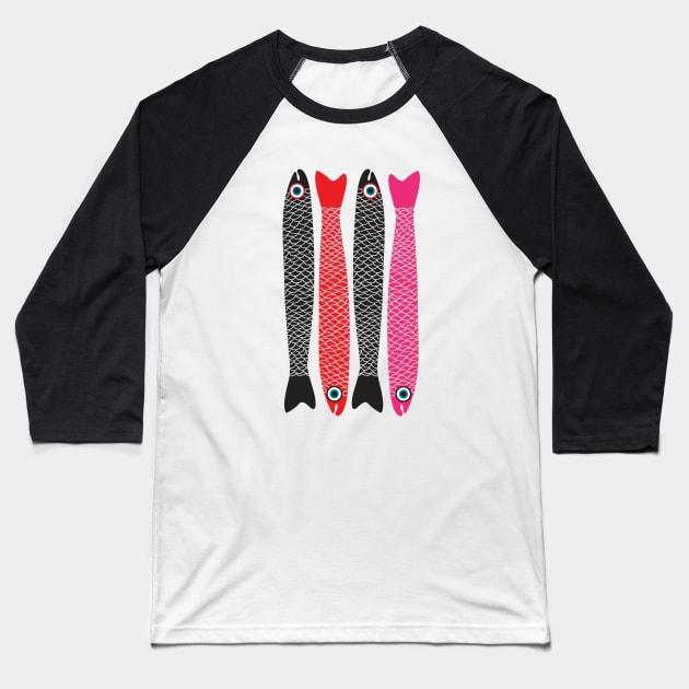 ANCHOVIES Bright Graphic Fun Groovy Fish in Black Red Pink - Vertical Layout - UnBlink Studio by Jackie Tahara Baseball T-Shirt by UnBlink Studio by Jackie Tahara